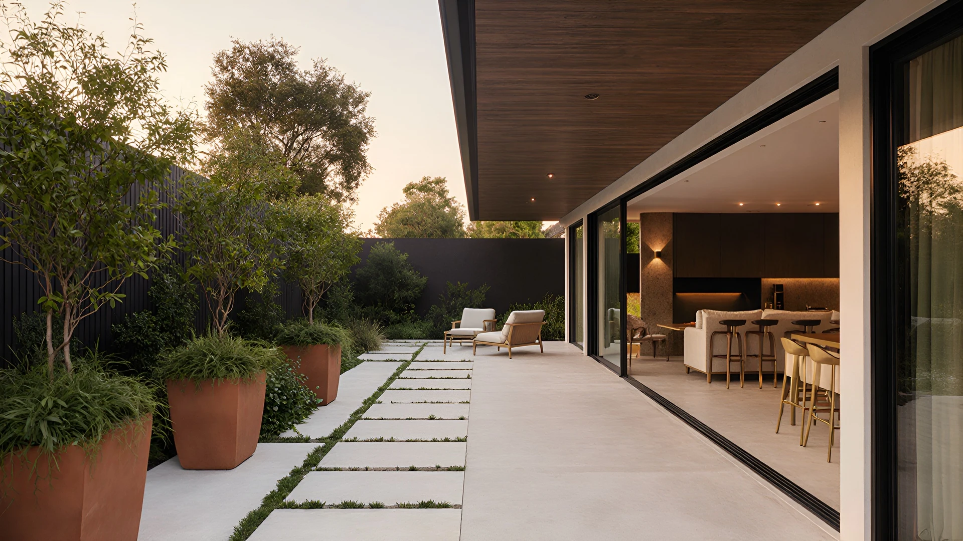 Elegant garden patio connected to indoor space