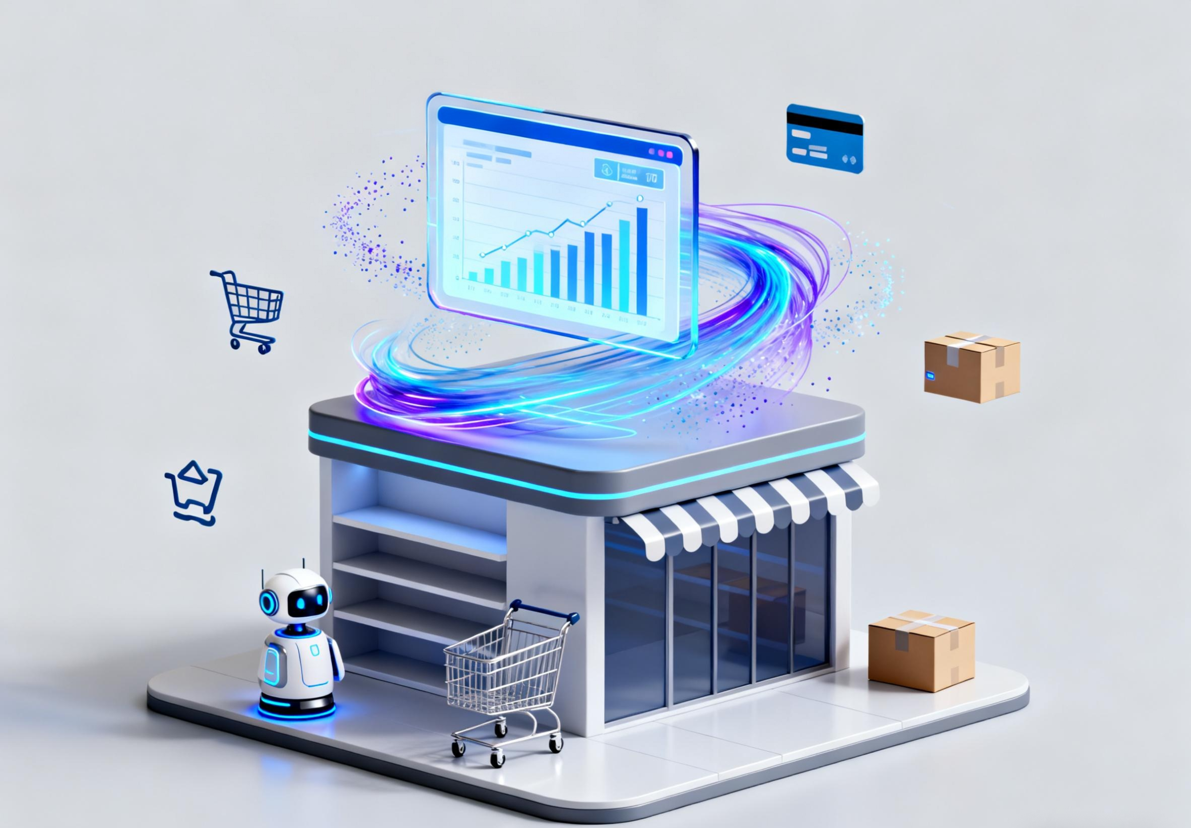 A futuristic e-commerce store with AI integration, featuring a robot, shopping cart, and data analytics visualization.