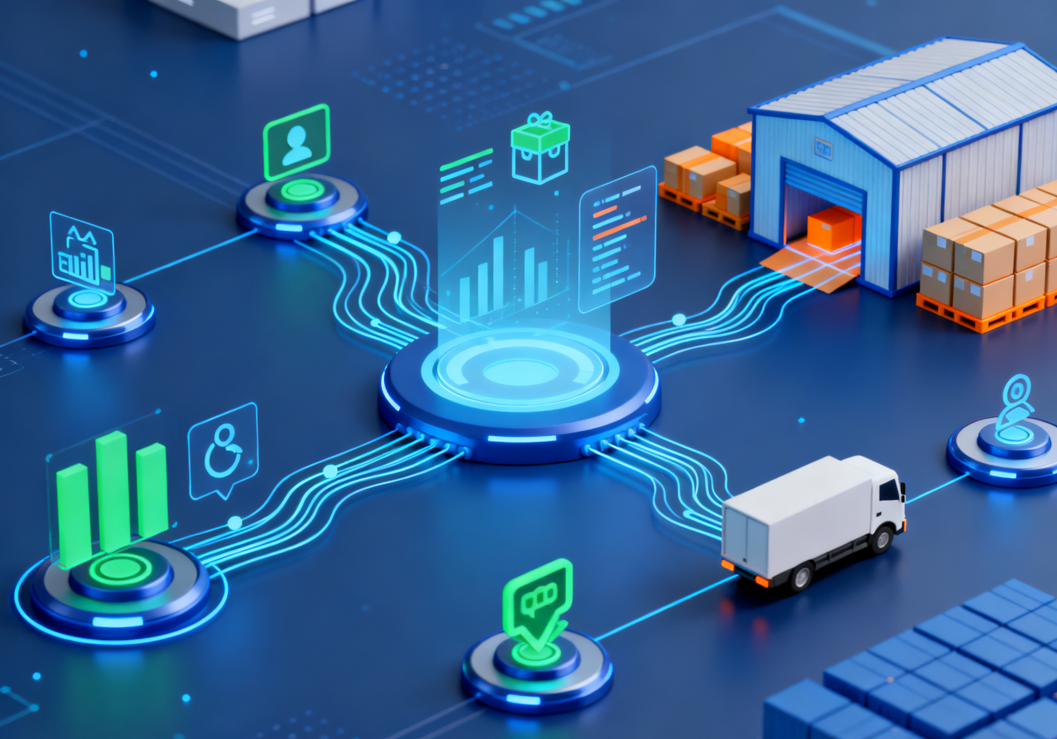 A digital logistics and supply chain network visualization, with a warehouse, delivery truck, and interconnected data points.