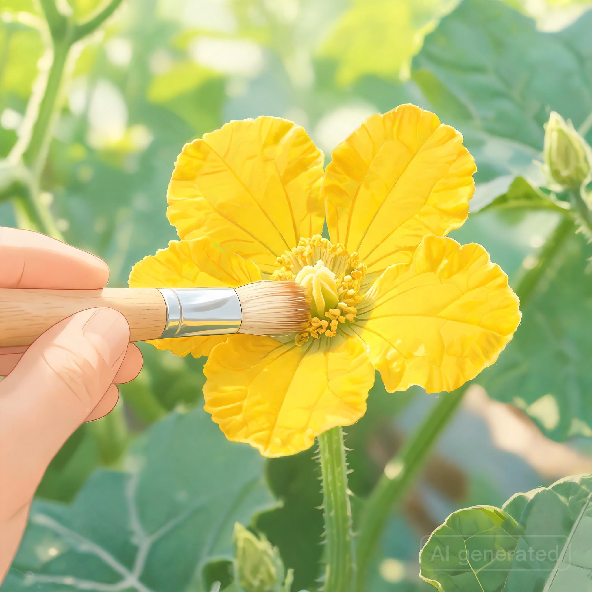 用细毛笔轻触哈密瓜黄色花朵进行人工授粉操作，花瓣清晰可见