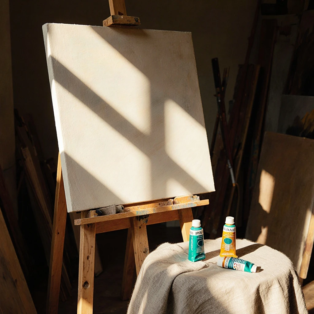 Artist atelier, sunlit studio with painterly atmosphere