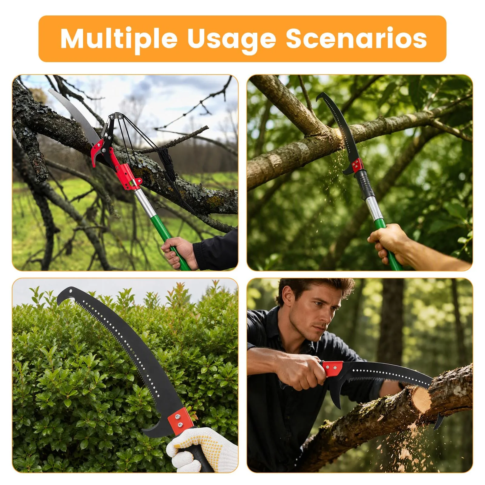 30 Ft Manual Pole Saw, Extendable Tree Pruner Pole Saw Kit with 9 Fiberglass Handles, Sharp Steel Blade and Scissors High Branch Cutting Tool for Garden Palm Shrub Fruit Tree Pruning - hover