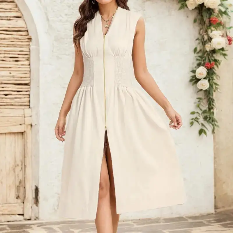 Women's Summer Smocked Midi Sundress – V-Neck Zipper Dress 