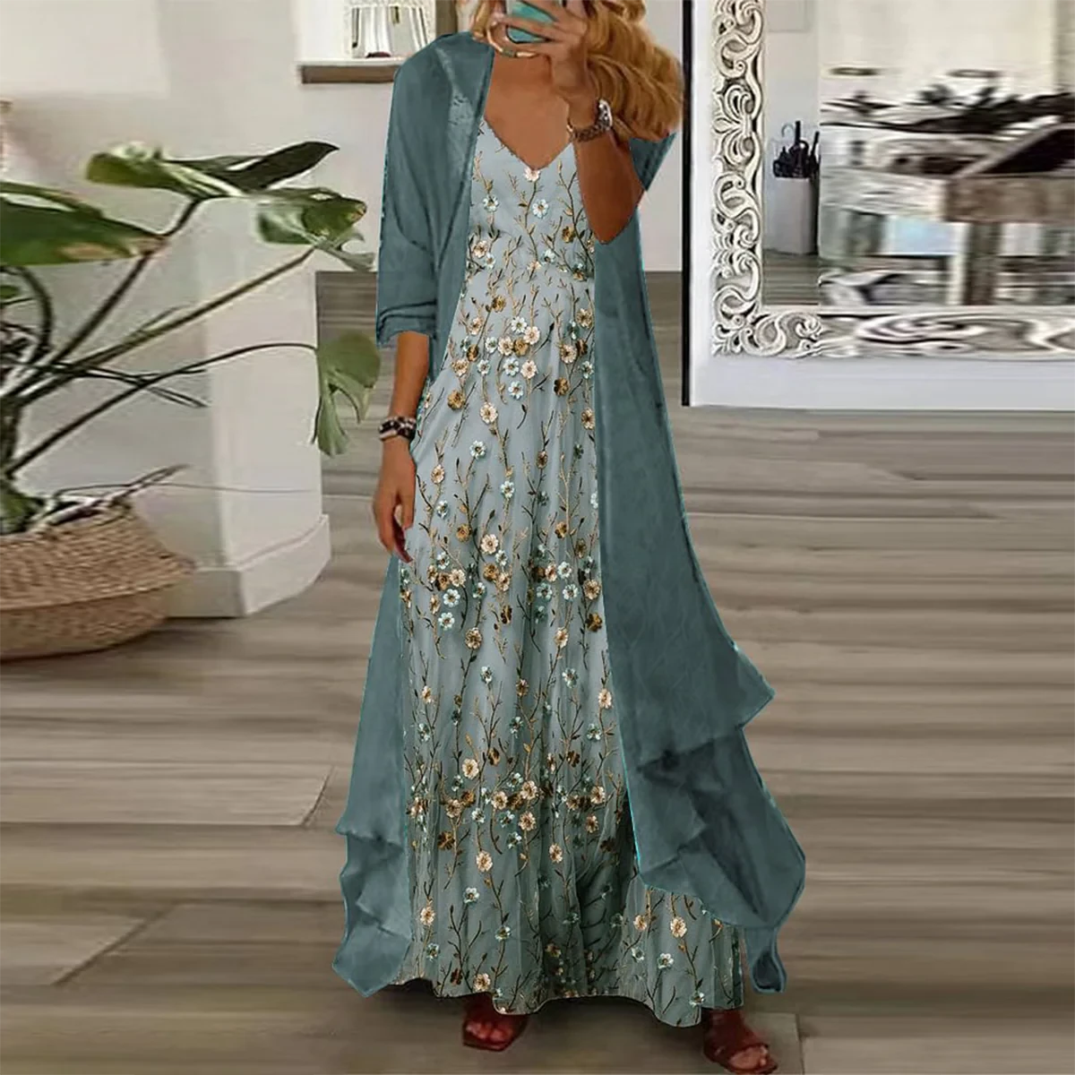Youthful Ditsy Floral Print Maxi Dress With Thin Jacket Two Piece Outf