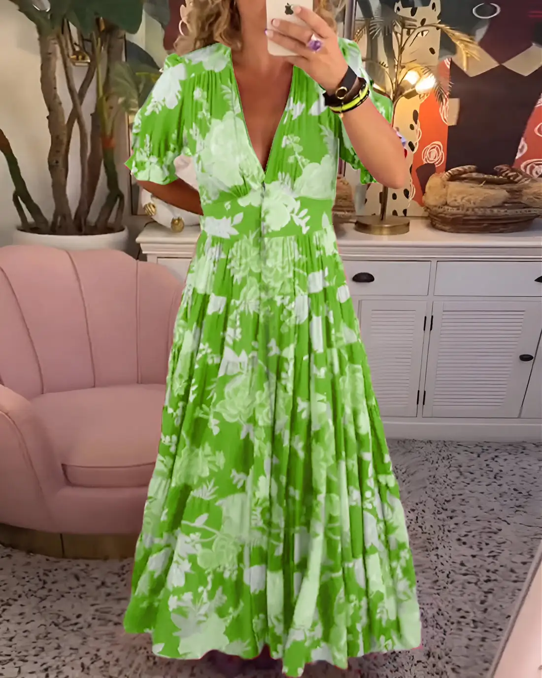 Floral print V-neck pocket dress