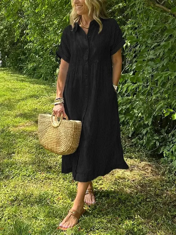Striped Lapel Button Down Shirt Dress | With Functional Pockets