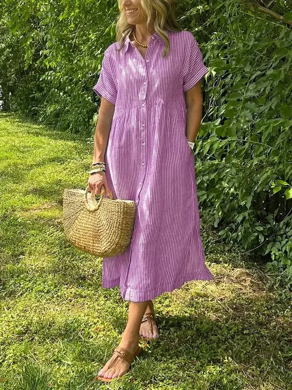 Striped Lapel Button Down Shirt Dress | With Functional Pockets