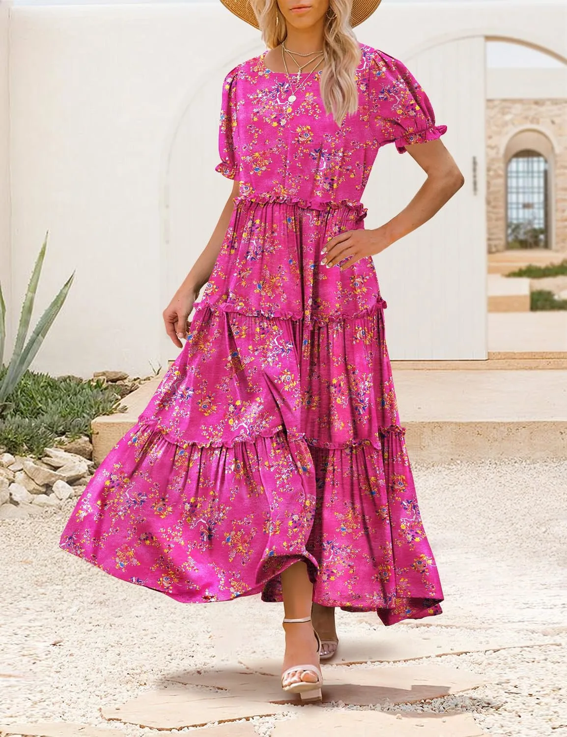 Summer Casual Bohemian Floral Dresses for Women Puff Short Sleeve Long Maxi Dress