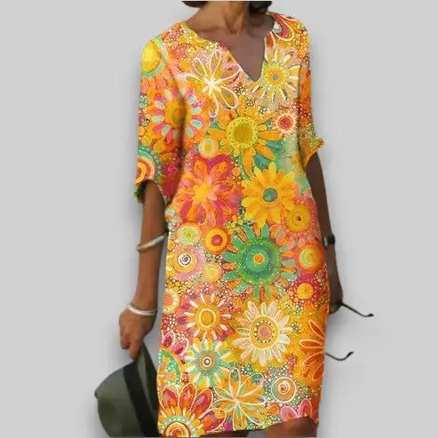 Printed Multicolor Casual Short Sleeve V Neck Dress