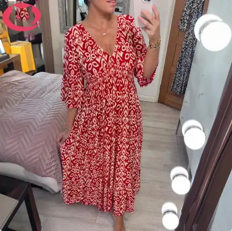 🔥Bohemian print V-neck waist wrap long dress