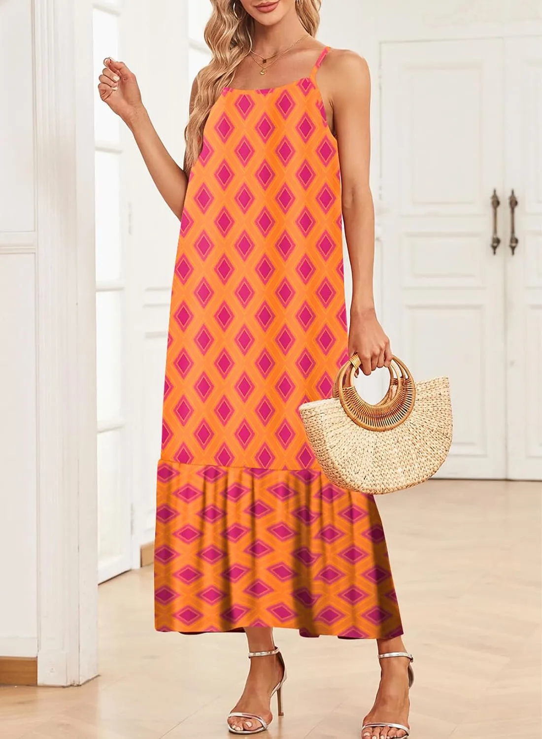  Spaghetti Strap Scoop Neck Smocked Ruffle Flowy Boho  Dress