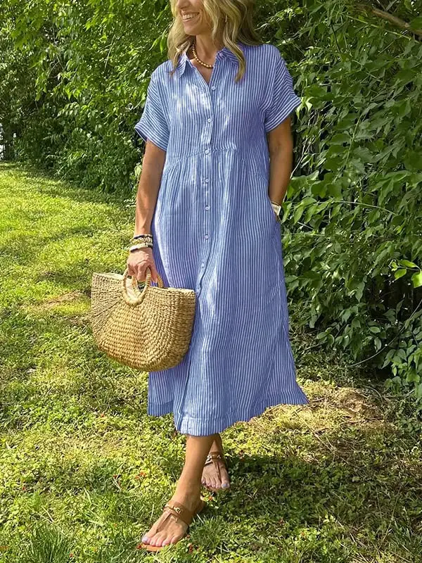 Striped Lapel Button Down Shirt Dress | With Functional Pockets