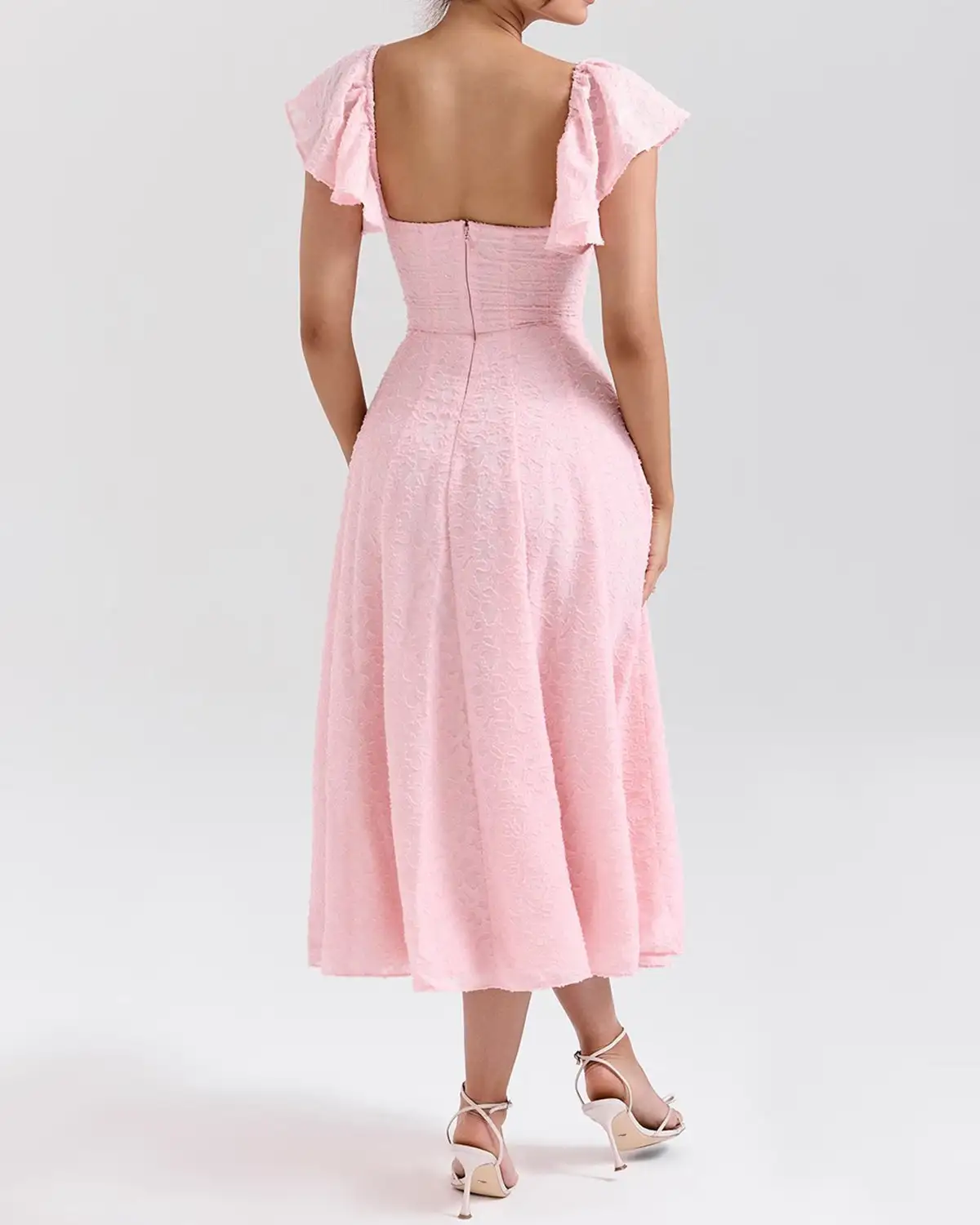 Pink Jacquard Ruched Square Neck Midi Dress