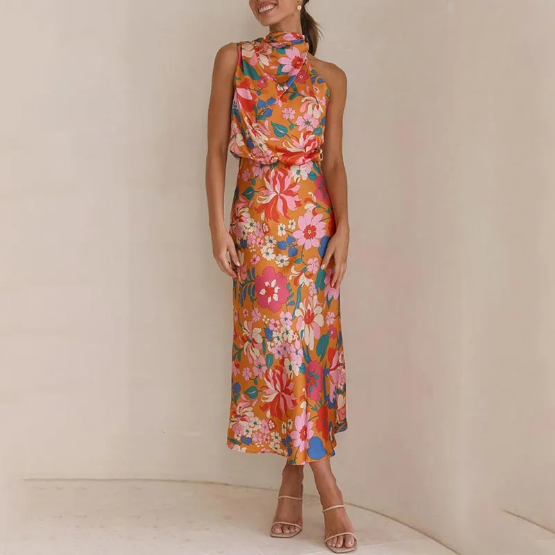 floral print, tie-neck, elastic waist, satin shine maxi dress