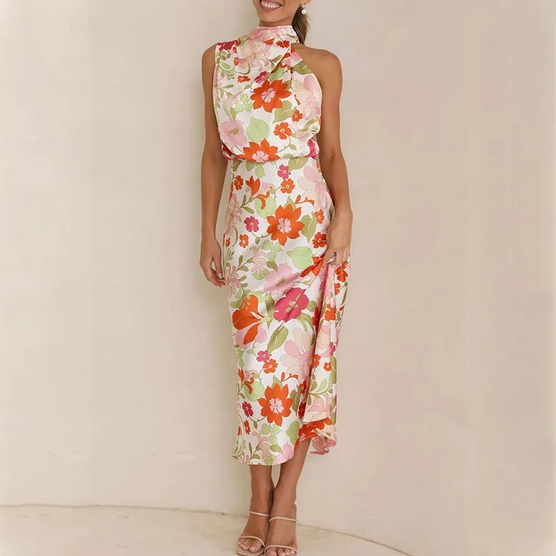floral print, tie-neck, elastic waist, satin shine maxi dress