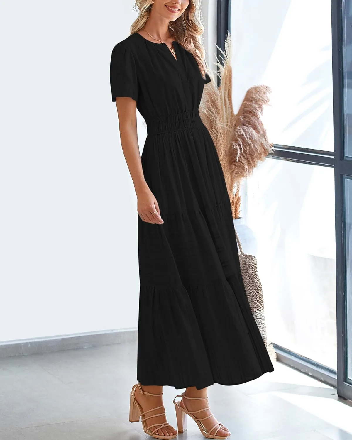 Womens Summer Lightweight Short Sleeve Midi Maxi Dresses