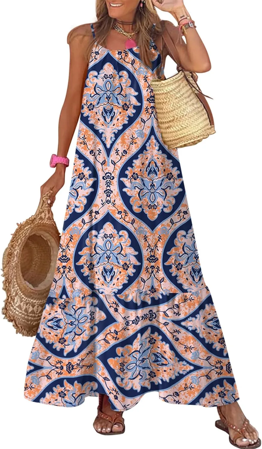Women Summer Dre Spaghetti Strap Scoop Neck Smocked Ruffle Flowy Boho