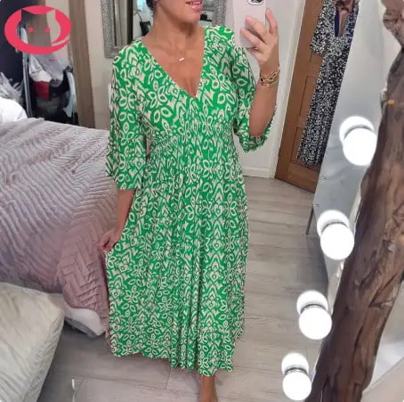 🔥Bohemian print V-neck waist wrap long dress