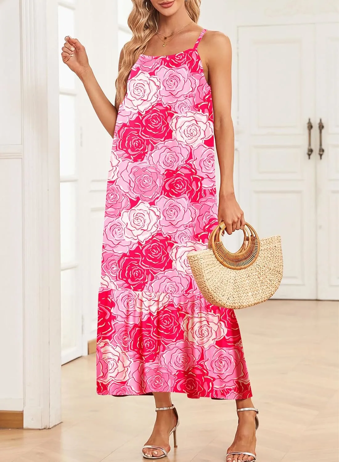  Spaghetti Strap Scoop Neck Smocked Ruffle Flowy Boho  Dress