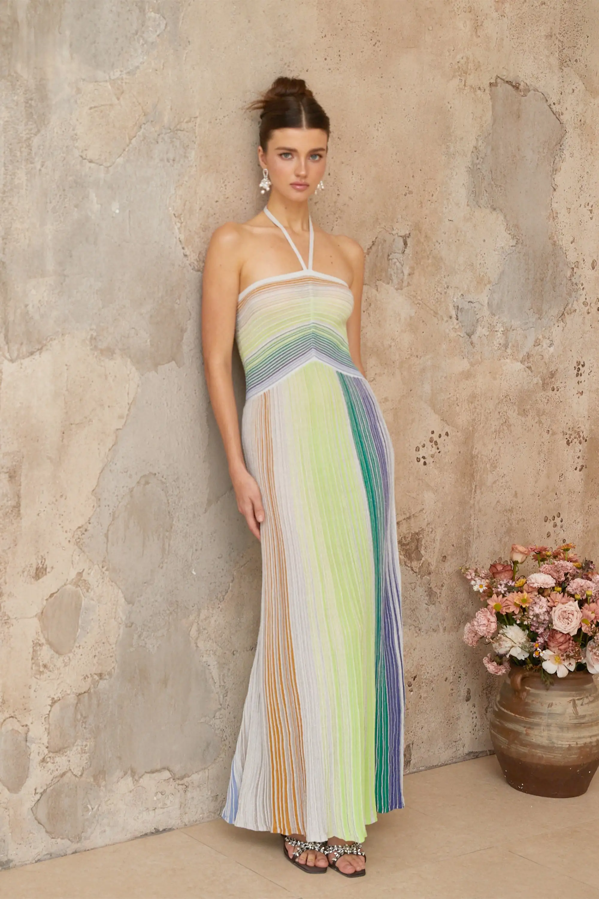 Serelith Metallic Knit Backless Maxi Dress