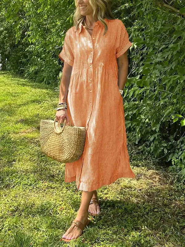 Striped Lapel Button Down Shirt Dress | With Functional Pockets