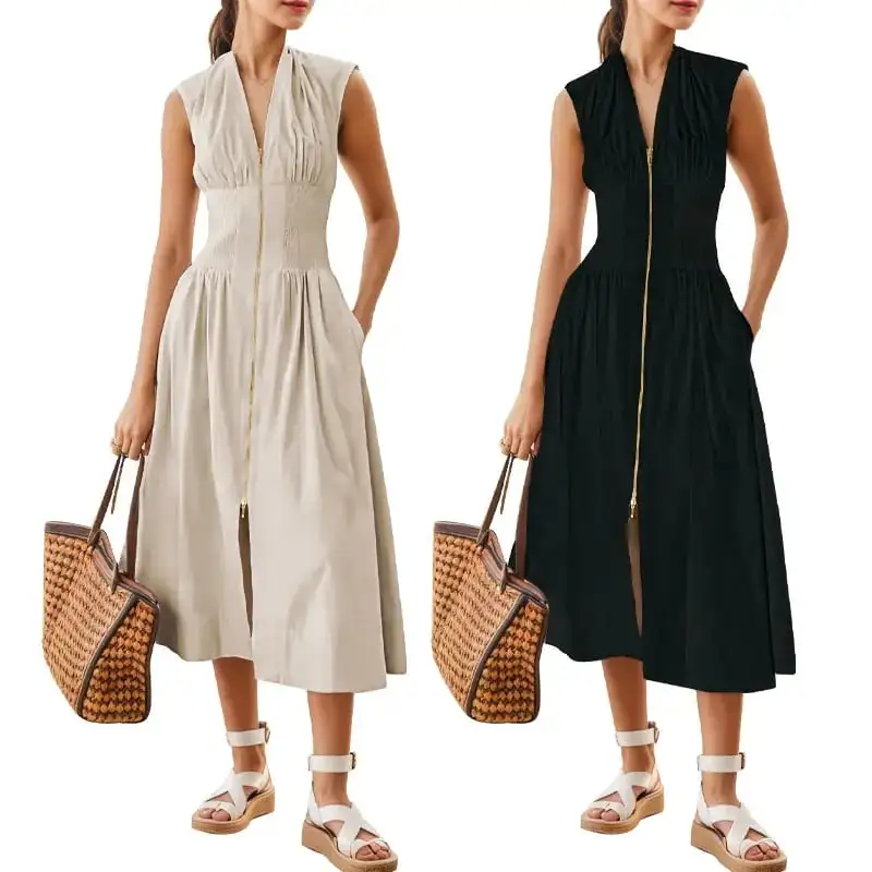 Women's Summer Smocked Midi Sundress – V-Neck Zipper Dress