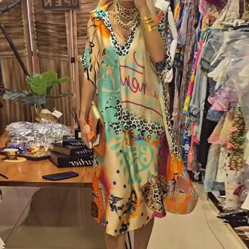 Women's Deep V Neck Short Sleeve Printed Dress