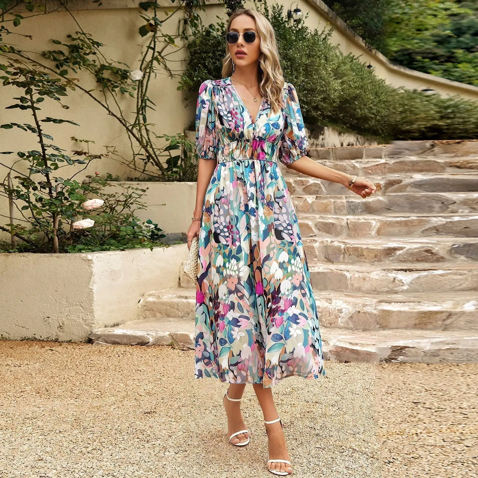 Modern fashion waist V-neck cozy dress