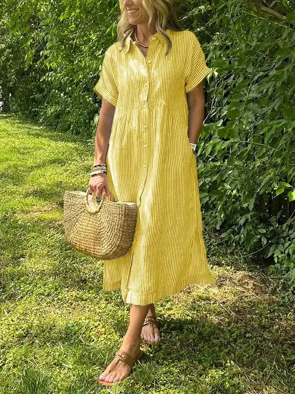 Striped Lapel Button Down Shirt Dress | With Functional Pockets