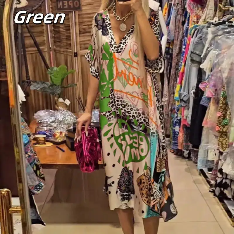 Women's Deep V Neck Short Sleeve Printed Dress