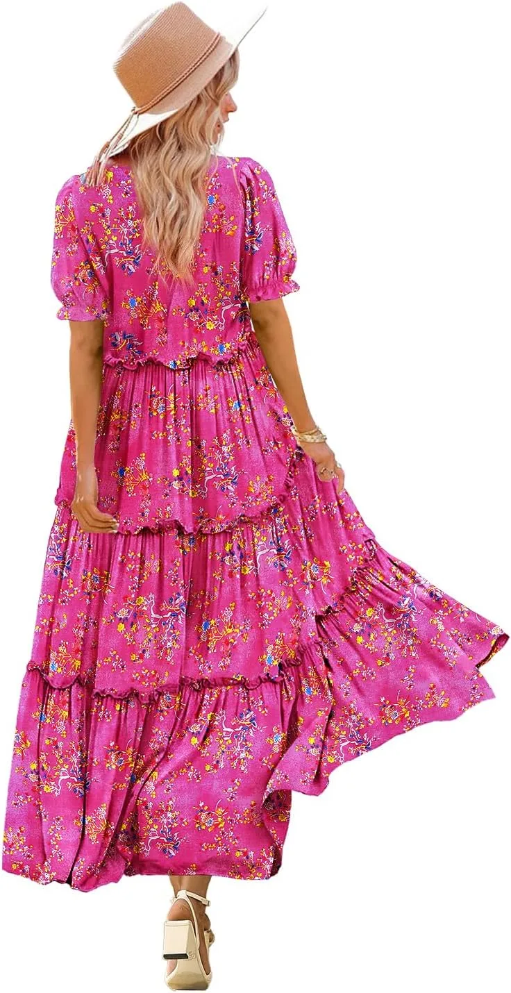 Summer Casual Bohemian Floral Dresses for Women Puff Short Sleeve Long Maxi Dress