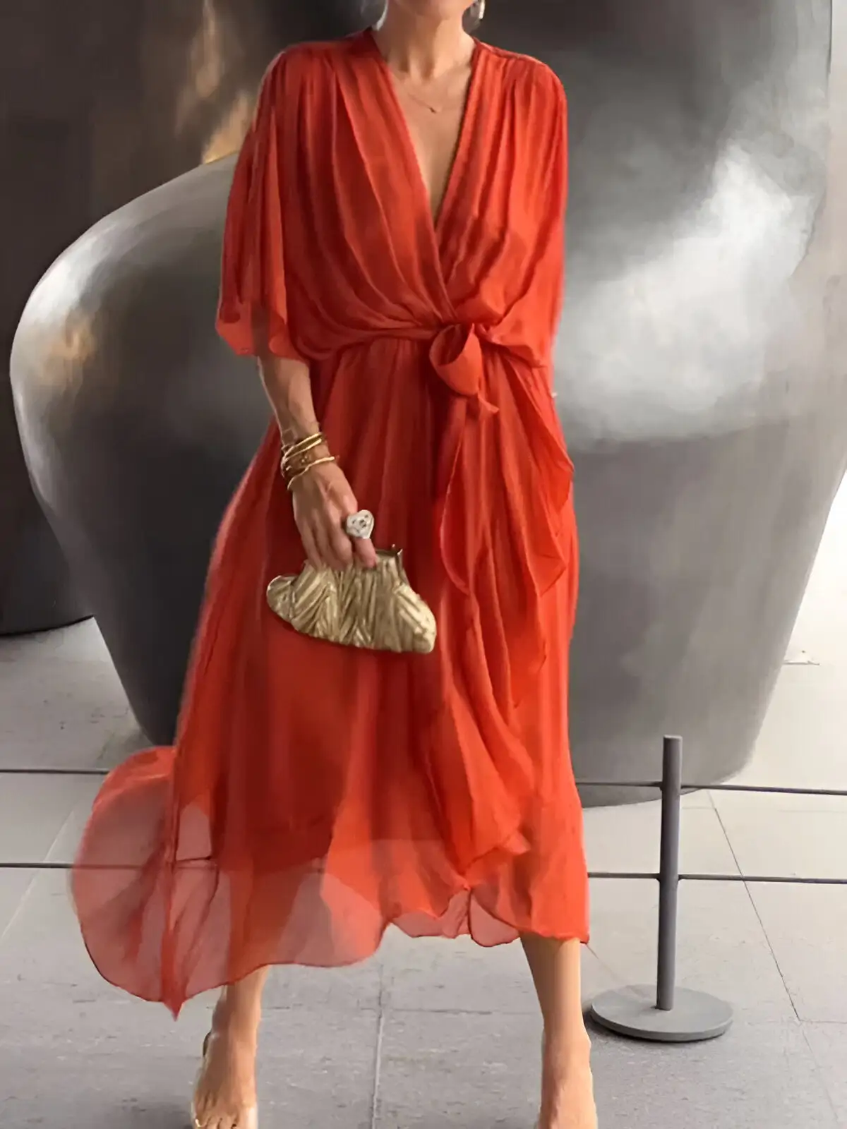 Chiffon dress with V-neck
