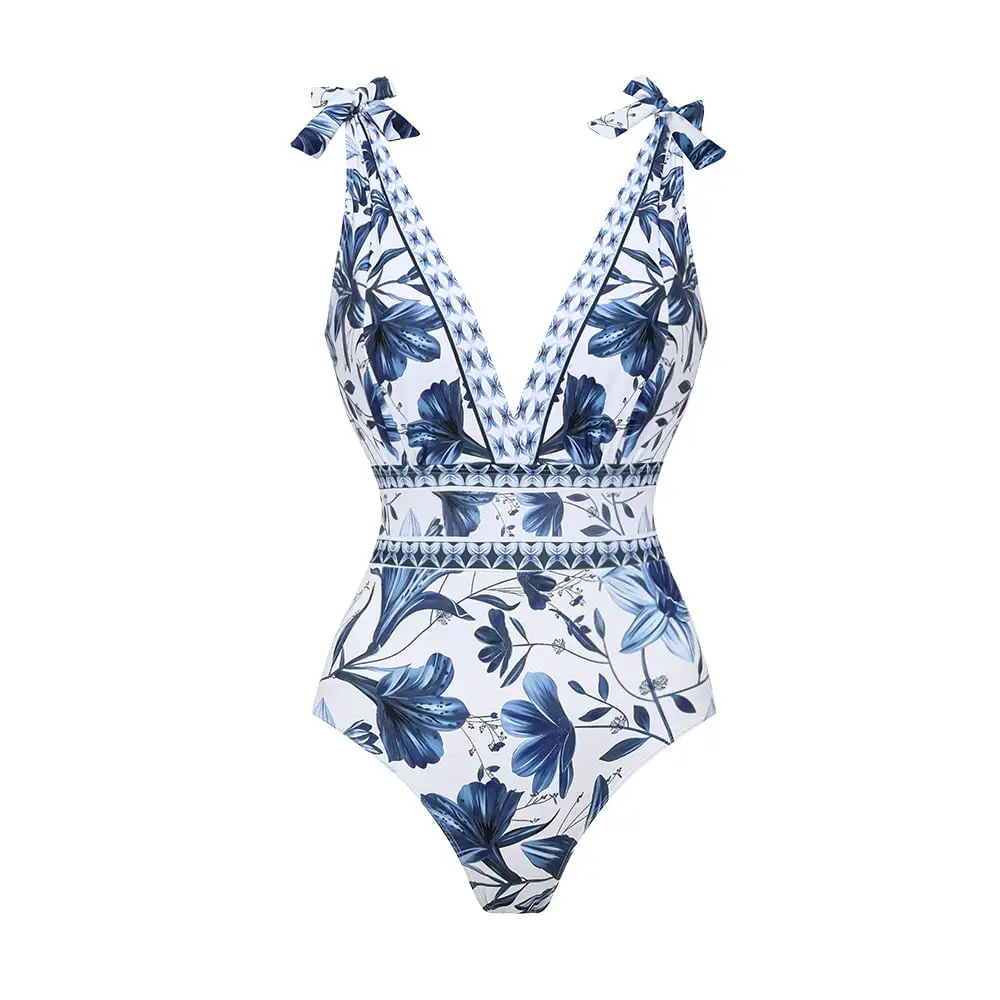 V Neck Ruffle Lace Up Printed One Piece Swimsuit and Skirt