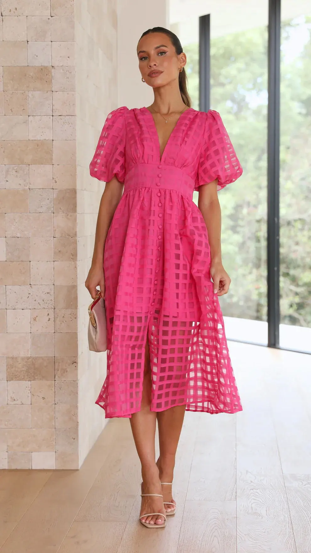 WOMEN'S SOLID SHORT LANTERN SLEEVE DRESS