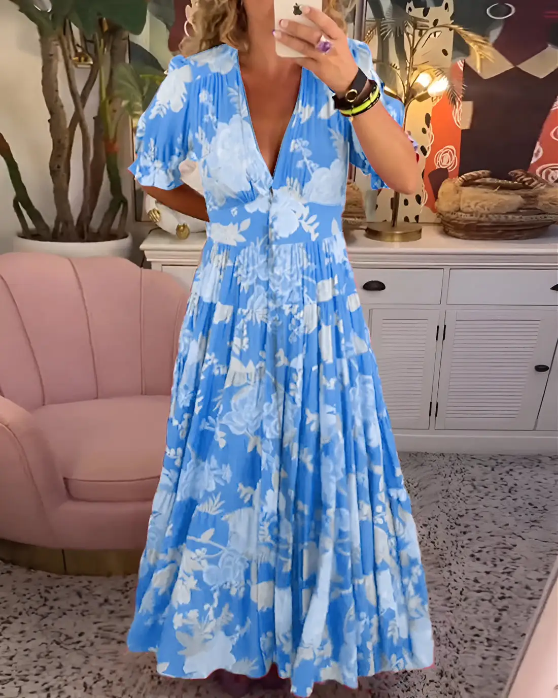 Floral print V-neck pocket dress