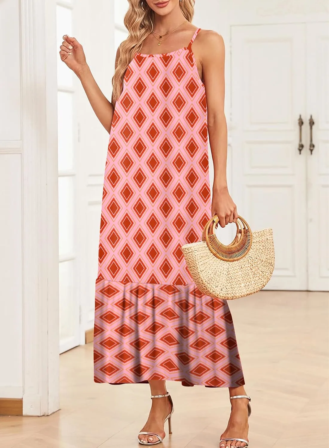 Women Summer Dre Spaghetti Strap Scoop Neck Smocked Ruffle Flowy Boho
