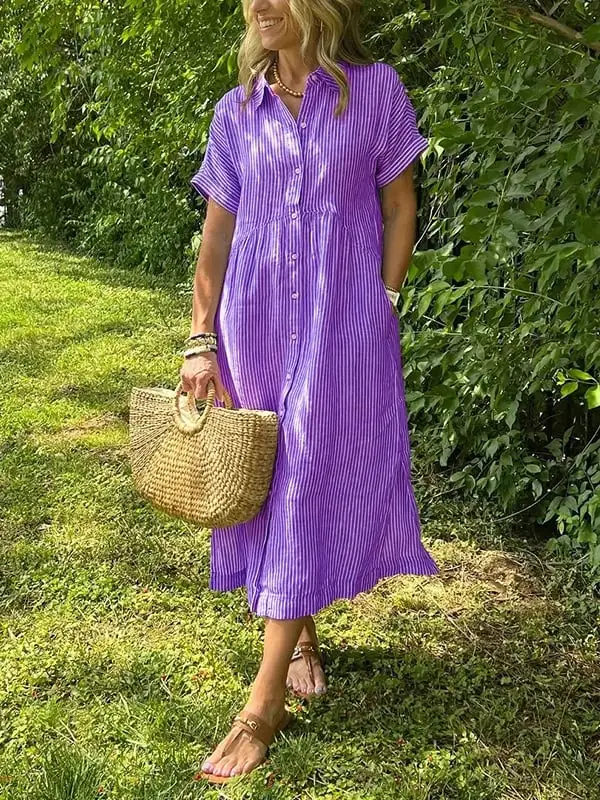 Striped Lapel Button Down Shirt Dress | With Functional Pockets