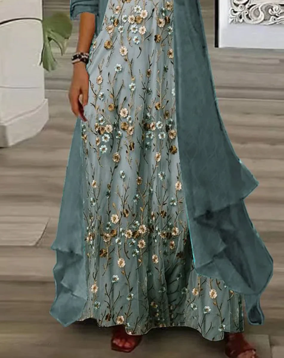 Youthful Ditsy Floral Print Maxi Dress With Thin Jacket Two Piece Outfits