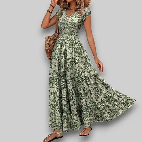 Printed V-neck long-sleeved swing dress