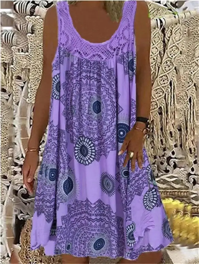 Women Summer O-Neck Sleeveless Print Dress