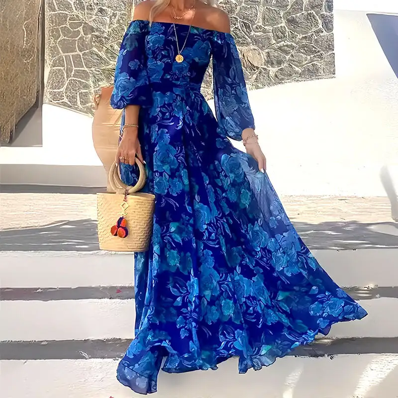 Women's Elegant Off Shoulder Floral Print Flowy Maxi Dress