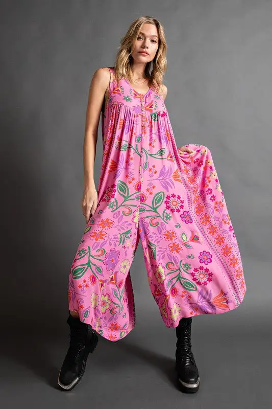 Vintage Blumenmuster lockerer ärmelloser Jumpsuit