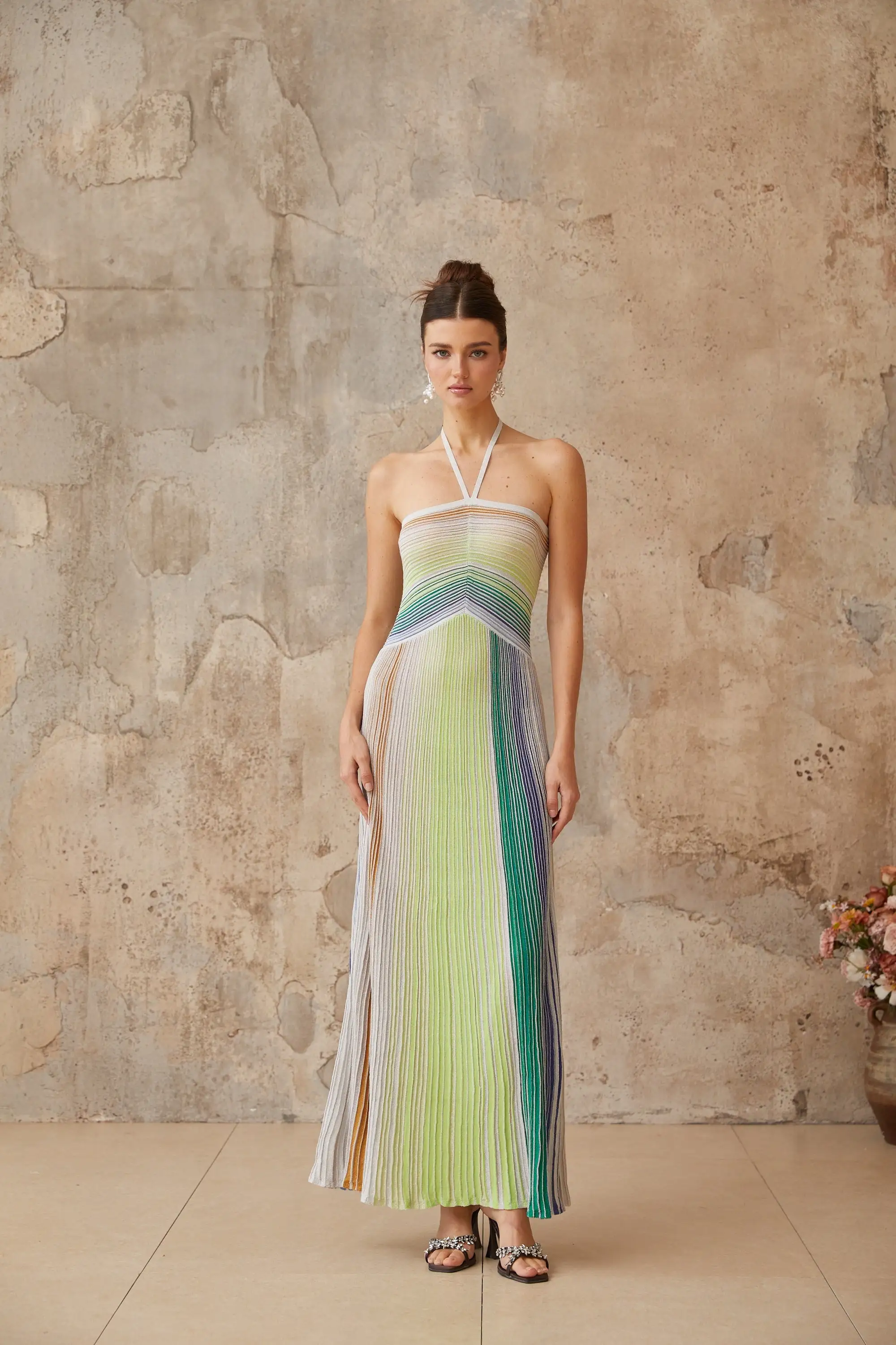 Serelith Metallic Knit Backless Maxi Dress