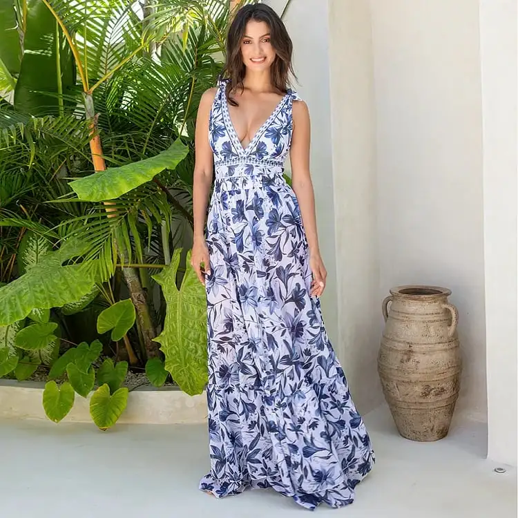 V Neck Ruffle Lace Up Printed One Piece Swimsuit and Skirt