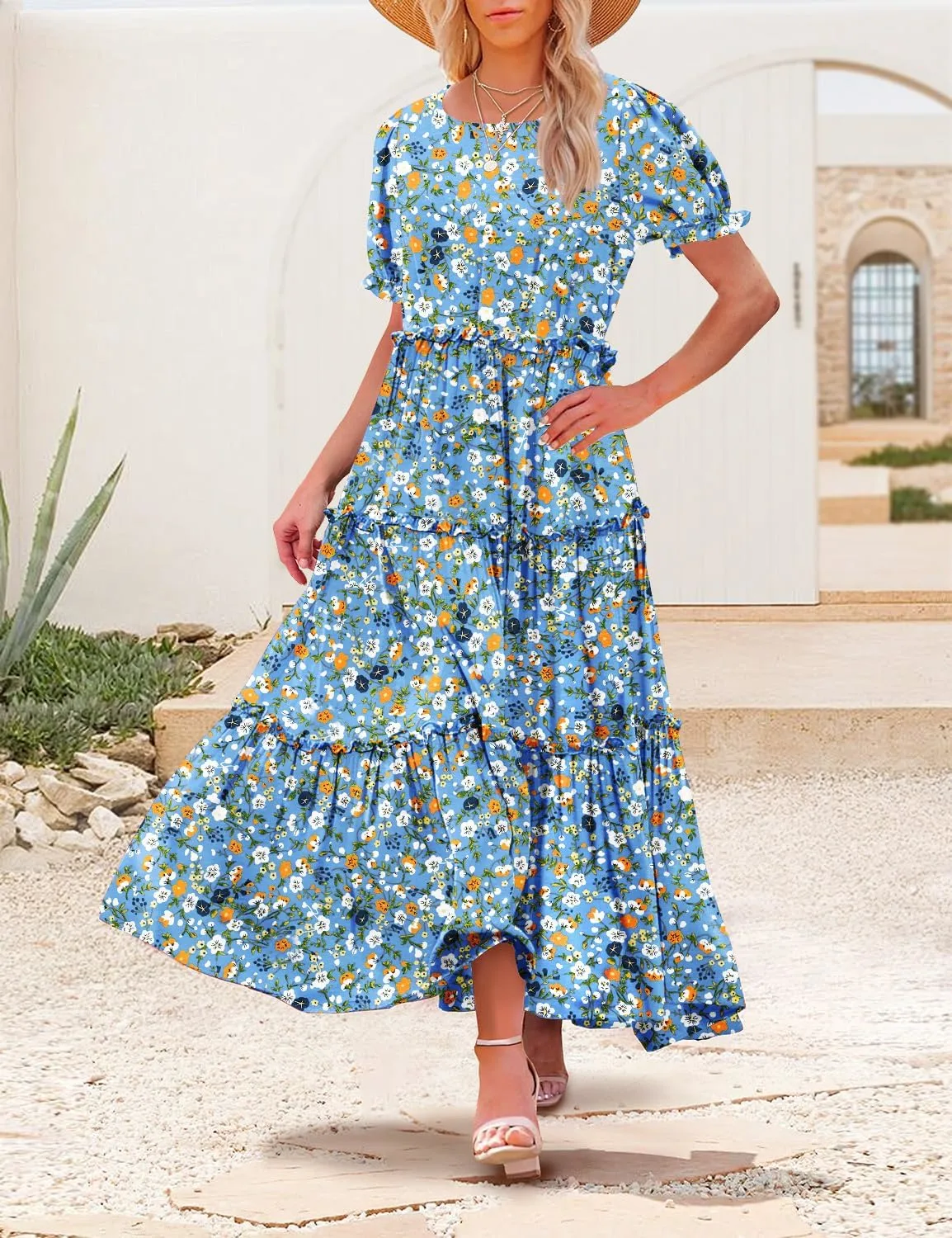 Summer Casual Bohemian Floral Dresses for Women Puff Short Sleeve Long Maxi Dress