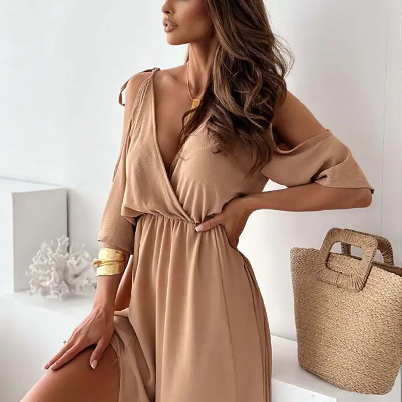 Elegant, sexy V-neck dress with side slit for women