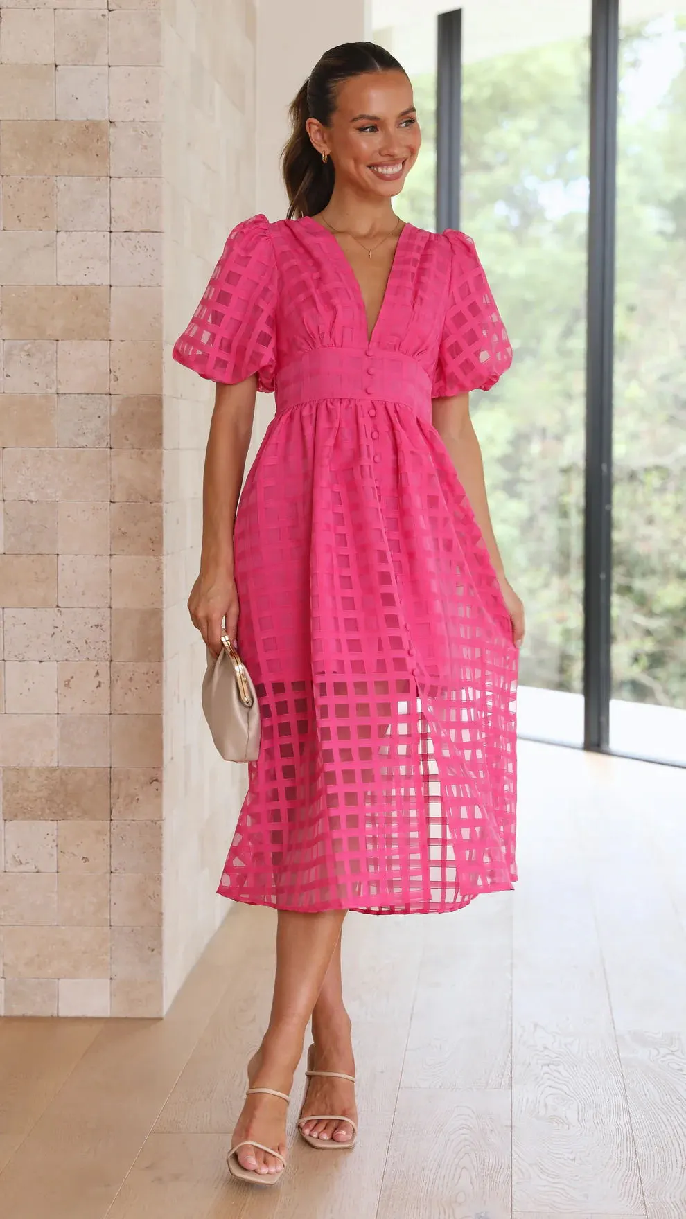 WOMEN'S SOLID SHORT LANTERN SLEEVE DRESS