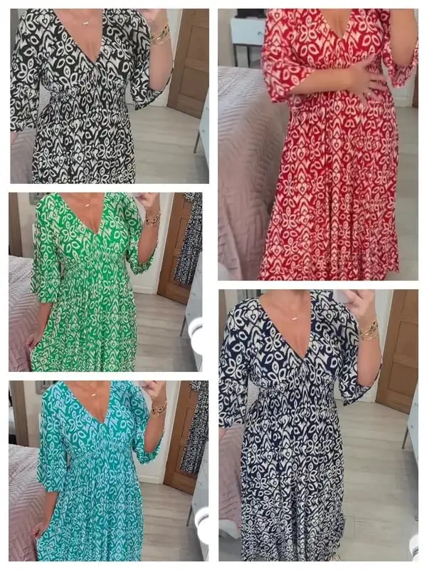 🔥Bohemian print V-neck waist wrap long dress