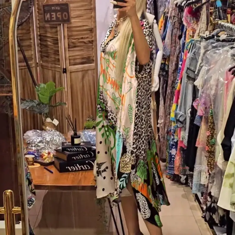 Women's Deep V Neck Short Sleeve Printed Dress