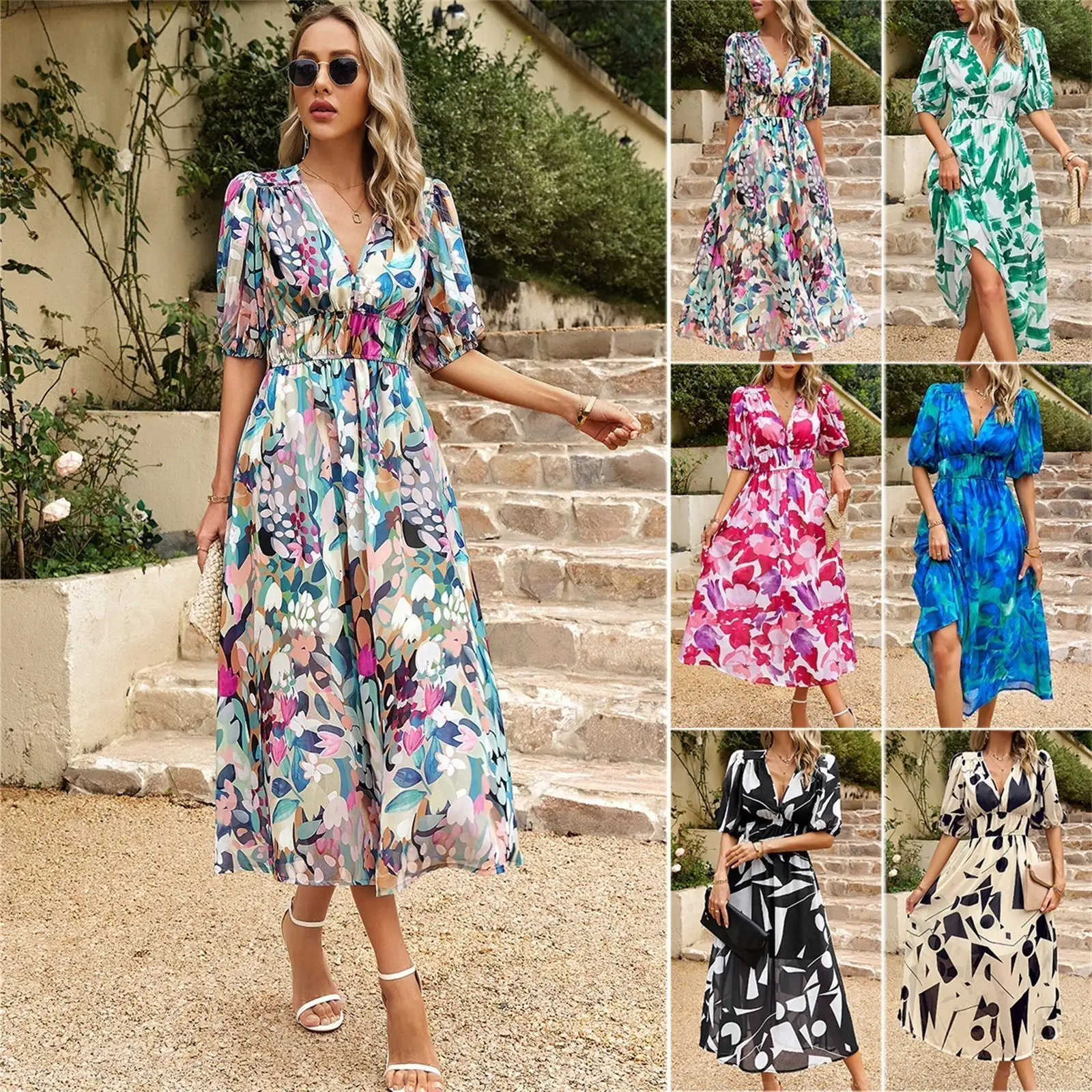 Modern fashion waist V-neck cozy dress